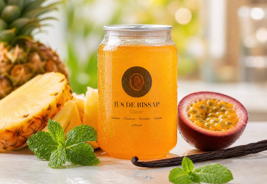 Canette de Jus de Bissap Blanc, ananas, passion, menthe, vanille