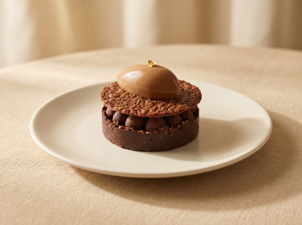 Le Niébya, dessert signature : sablé chocolat, ganache et quenelle glacée à la feuille d'or